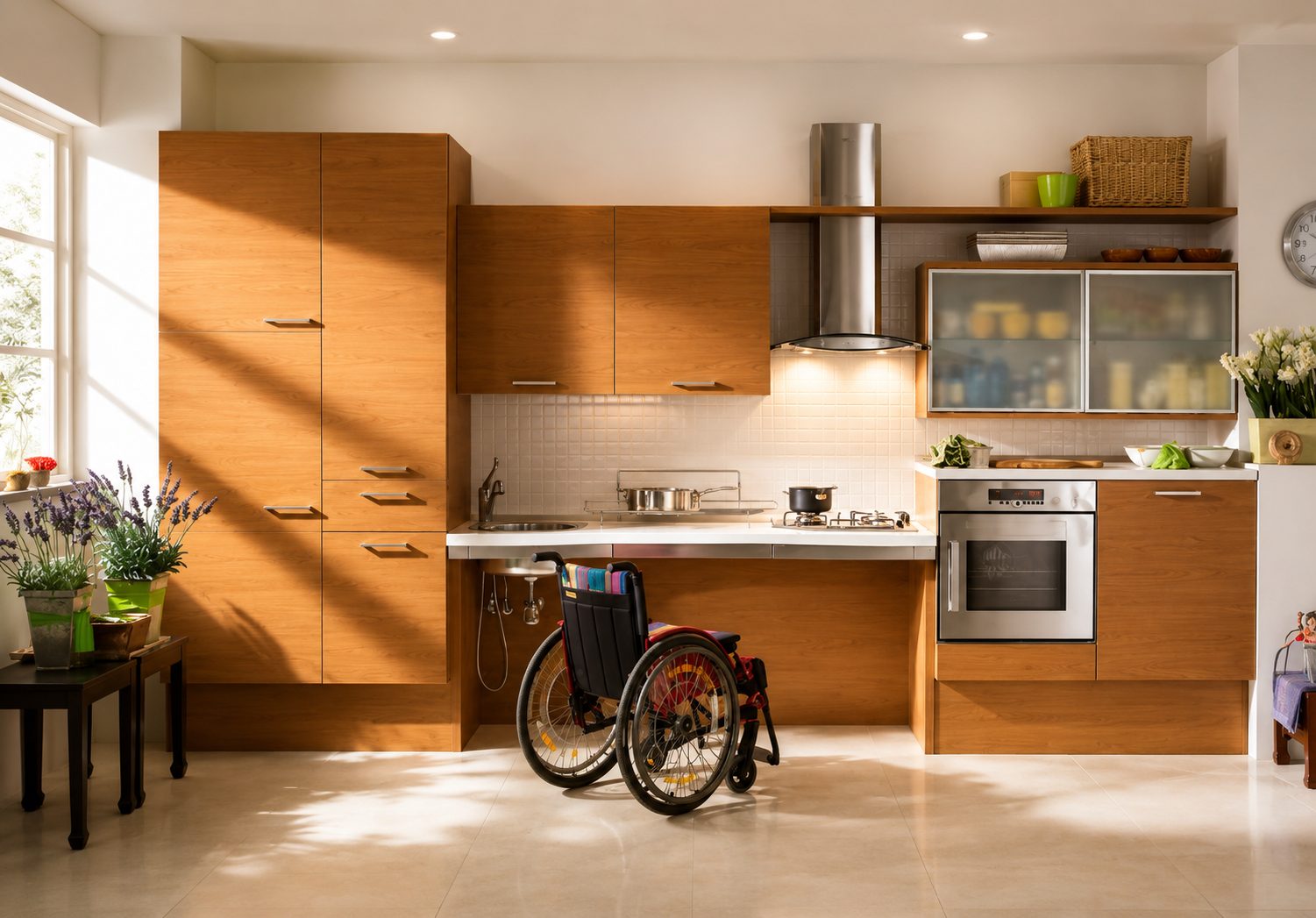 Persona en silla de ruedas en una cocina adaptada