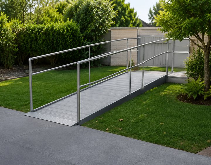 Rampa de acceso con pasamanos hacia la vivienda