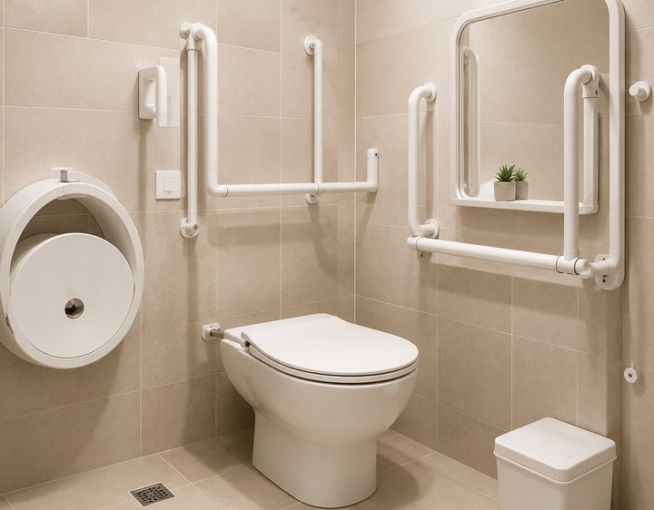 Baño adaptado con barras de apoyo junto al inodoro
